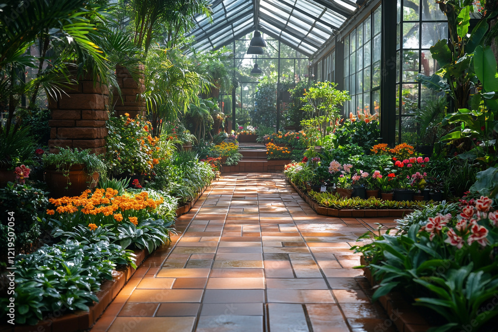 Sunlit Greenhouse Path with Vibrant Flowers and Lush Greenery Sunlit Greenhouse Path with Vibrant Flowers and Lush Greenery