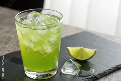 Wallpaper Mural Glass of green lime juice with ice cubes, juicy drink, outdoor setting, green lime juice Torontodigital.ca