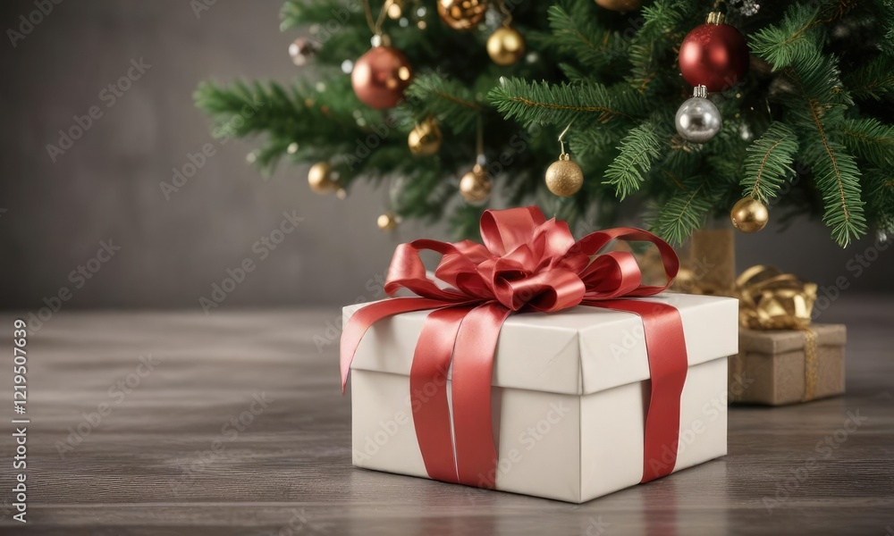 Gift Box with Artificial Christmas Tree and Ribbons , present, ribbons, winter Gift Box with Artificial Christmas Tree and Ribbons , present, ribbons, winter