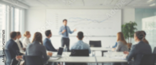 Blurred background of a young professional sharing innovative ideas in front of a corporate team, wide