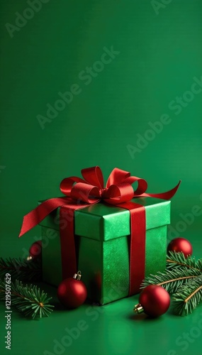 Gift box with fir branches and ornaments on a green background, decoration, evergreen, festive