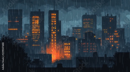 Rainswept Cityscape Illuminated By Warm Window Lights