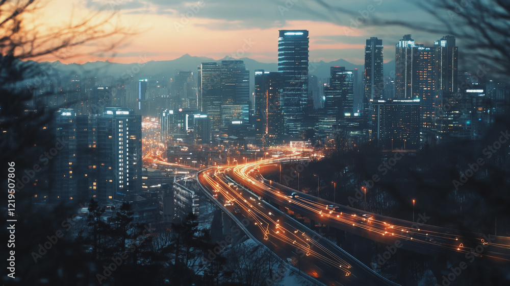 Fototapeta premium Smart digital Innovation city with connection network reciprocity over the twilight cityscape. of future smart wireless digital city and social media networking systems that connects people with city 