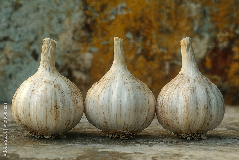 Obraz premium Three heads of garlic in a row on a surface