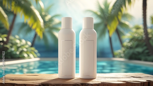 Two blank white empty sunscreen bottles mockup on wooden surface, cosmetic product advertising template swimming pool with palm trees blurred background.