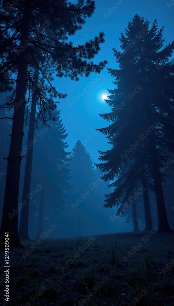 Fototapeta premium Dark forest landscape with a glowing blue sky, peaceful, night