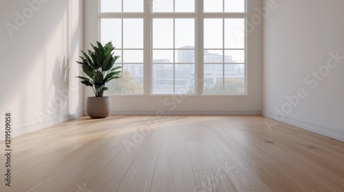 Wallpaper Mural A bright, minimalist interior space featuring hardwood flooring, a single potted plant, and large windows letting in natural light. Torontodigital.ca