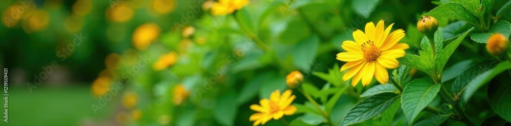 Bush with yellow flowers in Kerala's lush garden, ornamental, landscape, tropical Bush with yellow flowers in Kerala's lush garden, ornamental, landscape, tropical