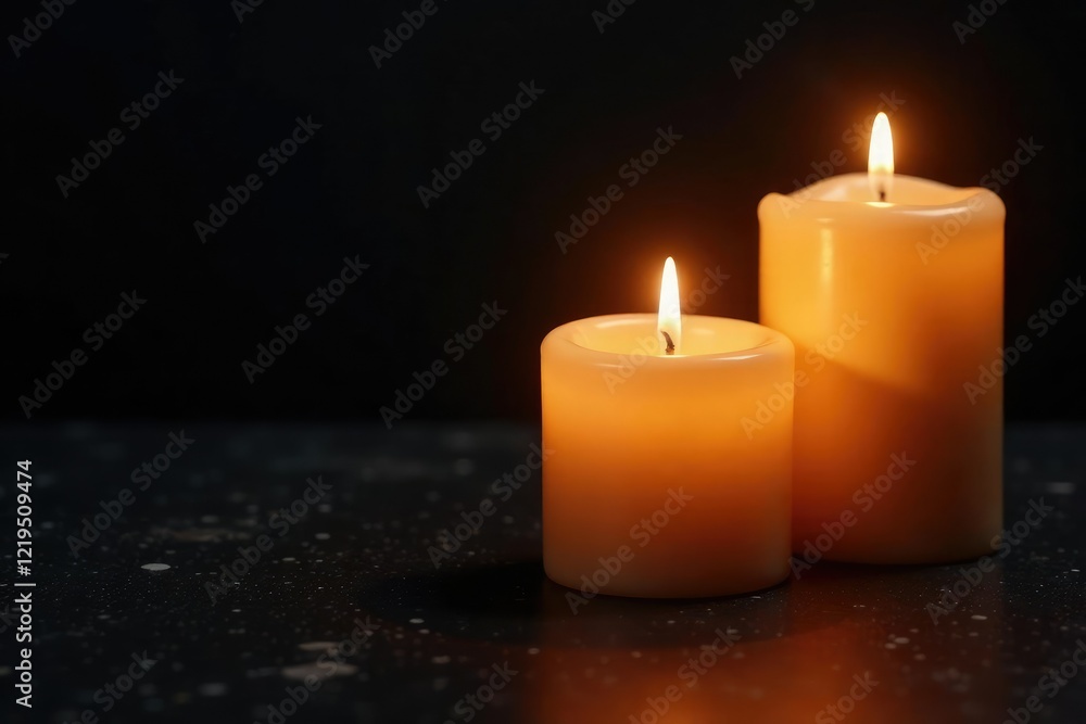 Burning candles cast a golden glow on a dark background, symbolizing remembrance, funeral, mourning, grief