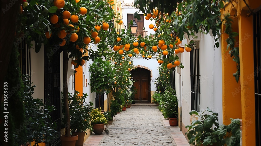 Naklejka premium Charming Orange Tree-Lined Alleyway in Seville, Spain
