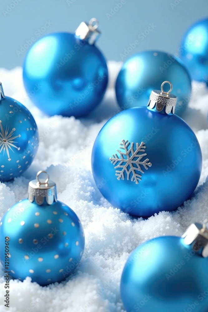 Blue Christmas balls scattered on white snowy ground, ornaments, decorative items, ground Blue Christmas balls scattered on white snowy ground, ornaments, decorative items, ground