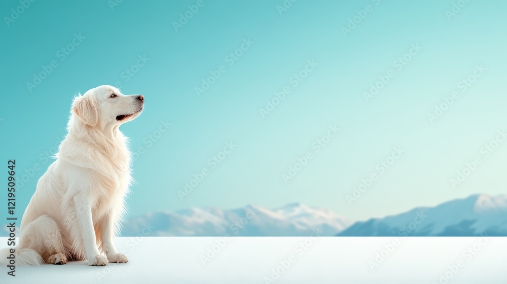 A majestic golden retriever sits poised against a backdrop of snowy mountains, exemplifying grace and tranquility in a pristine winter environment. A majestic golden retriever sits poised against a backdrop of snowy mountains, exemplifying grace and tranquility in a pristine winter environment.