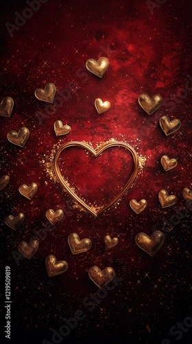 Elegant Golden Hearts on Red Background