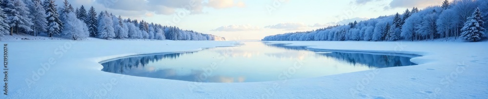 Fototapeta premium A blanket of white snow covers the frozen lake, lake, ice