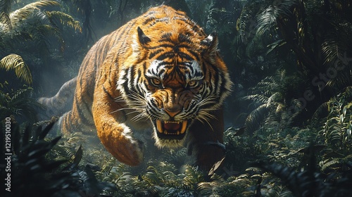 A stunning illustration of a saber toothed tiger stalking prey in a dense prehistoric jungle