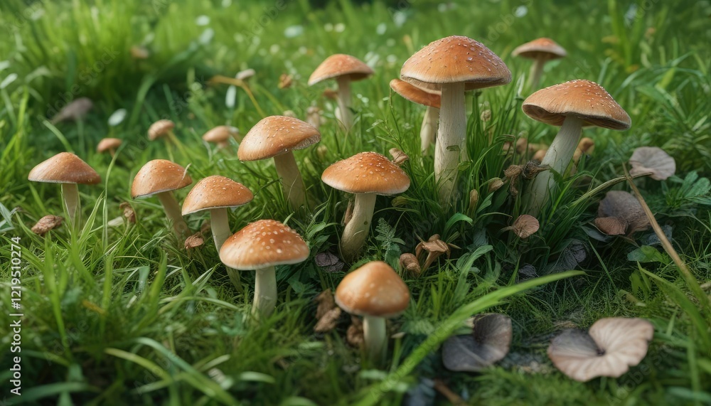 Group of unique wild mushrooms scattered in lush green grass, fungus hunting, mycelium, forest therapy Group of unique wild mushrooms scattered in lush green grass, fungus hunting, mycelium, forest therapy