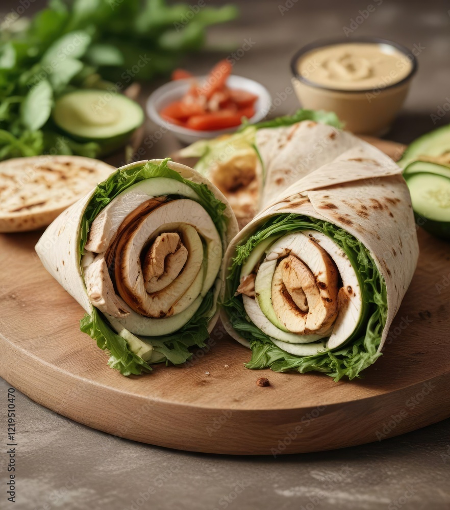 Grilled chicken wrap with mixed greens, hummus, and sliced cucumber, outdoor cooking, summer food, hummus Grilled chicken wrap with mixed greens, hummus, and sliced cucumber, outdoor cooking, summer food, hummus