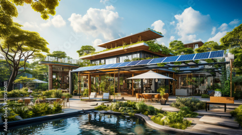 Wallpaper Mural Modern eco-friendly villa with solar panels surrounded by lush greenery and a serene pool in a sunny outdoor setting Torontodigital.ca