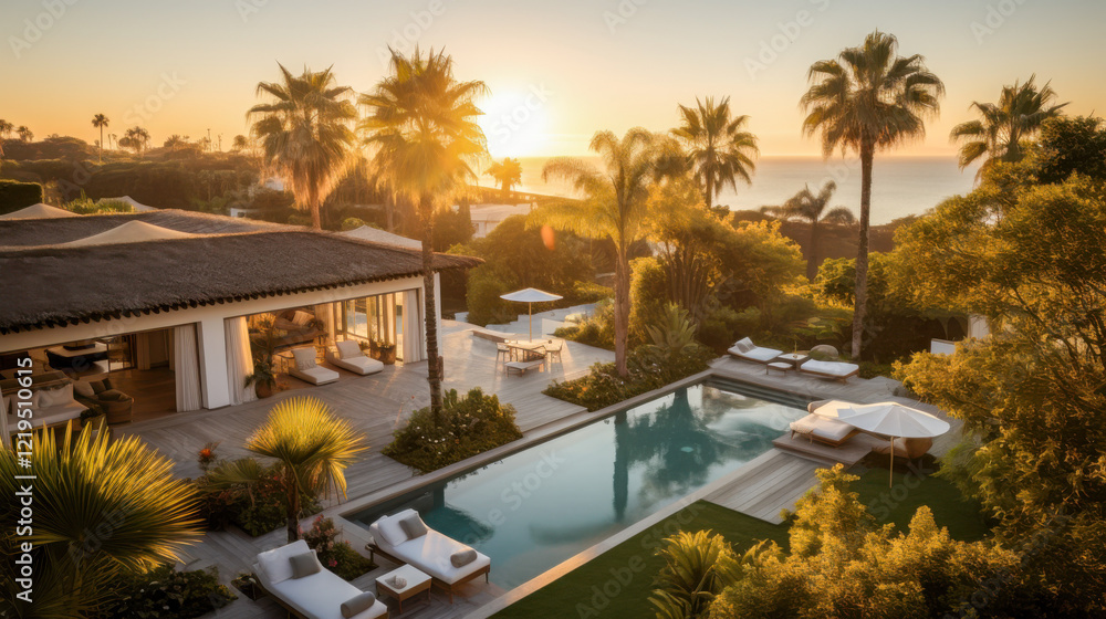 Fototapeta premium Beautiful tropical villa with pool surrounded by lush greenery at sunset in a serene location