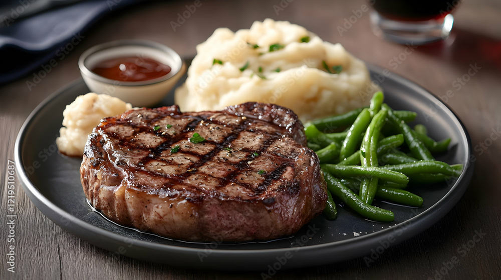 Sizzling Steak with Mashed Potatoes and Green Beans Sizzling Steak with Mashed Potatoes and Green Beans