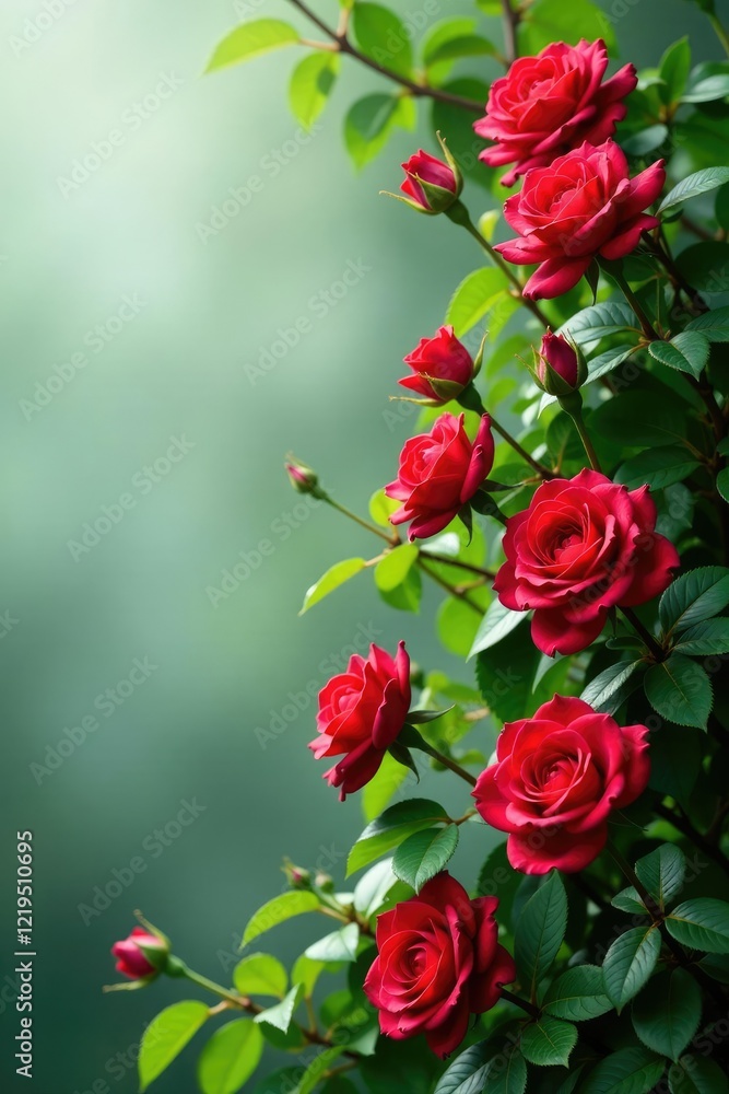 Green leafy branches supporting clusters of bright red garden roses, branches, foliage, roses Green leafy branches supporting clusters of bright red garden roses, branches, foliage, roses