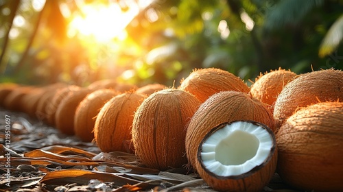 Fresh coconuts arranged in a tropical setting with sunlight filtering through trees photo