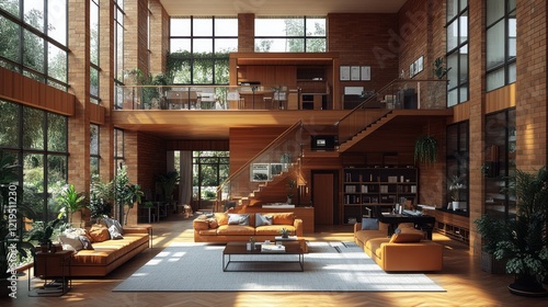 Sunlit modern duplex living room  stairs  plants