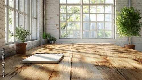 Empty modern coworking space with wooden table and sunlight streaming