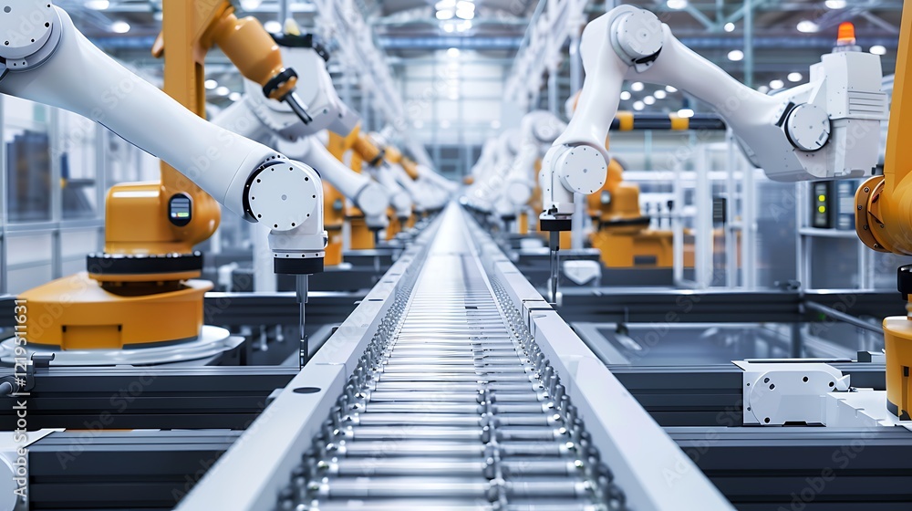 A sleek automated assembly line with robotic arms assembling products at high speed A sleek automated assembly line with robotic arms assembling products at high speed
