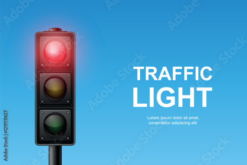 Vector Realistic Traffic Light with Red Light On. Pedestrian Signal in Focus. Traffic Light Illustration Against a Clear Blue Sky Background