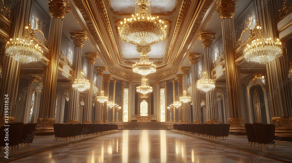 Fototapeta premium Magnificent Palace Grand Hall: Opulent Interior with Gilded Columns and Crystal Chandeliers