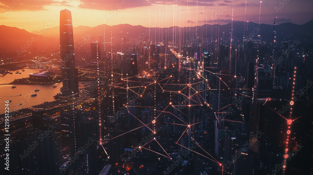 Obraz premium Smart digital Innovation city with connection network reciprocity over the twilight cityscape. of future smart wireless digital city and social media networking systems that connects people with city 