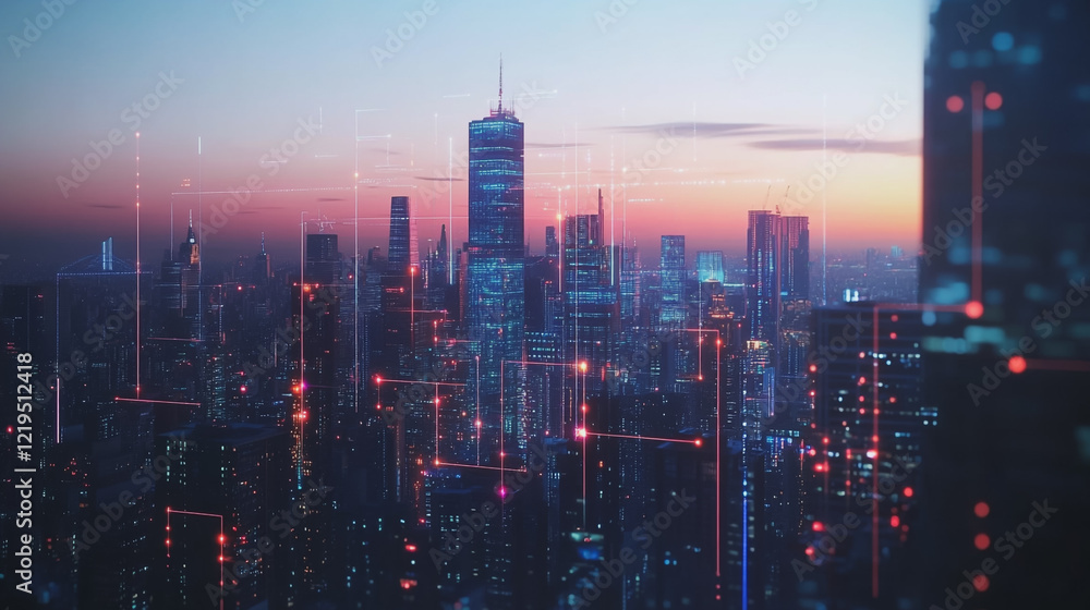Fototapeta premium Smart digital Innovation city with connection network reciprocity over the twilight cityscape. of future smart wireless digital city and social media networking systems that connects people with city 