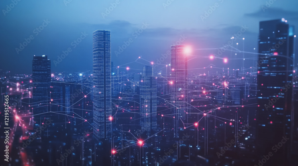 Smart digital Innovation city with connection network reciprocity over the twilight cityscape. of future smart wireless digital city and social media networking systems that connects people with city
Smart digital Innovation city with connection network reciprocity over the twilight cityscape. of future smart wireless digital city and social media networking systems that connects people with city