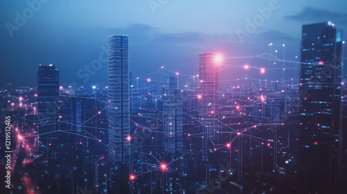 Wallpaper Mural Smart digital Innovation city with connection network reciprocity over the twilight cityscape. of future smart wireless digital city and social media networking systems that connects people with city
 Torontodigital.ca