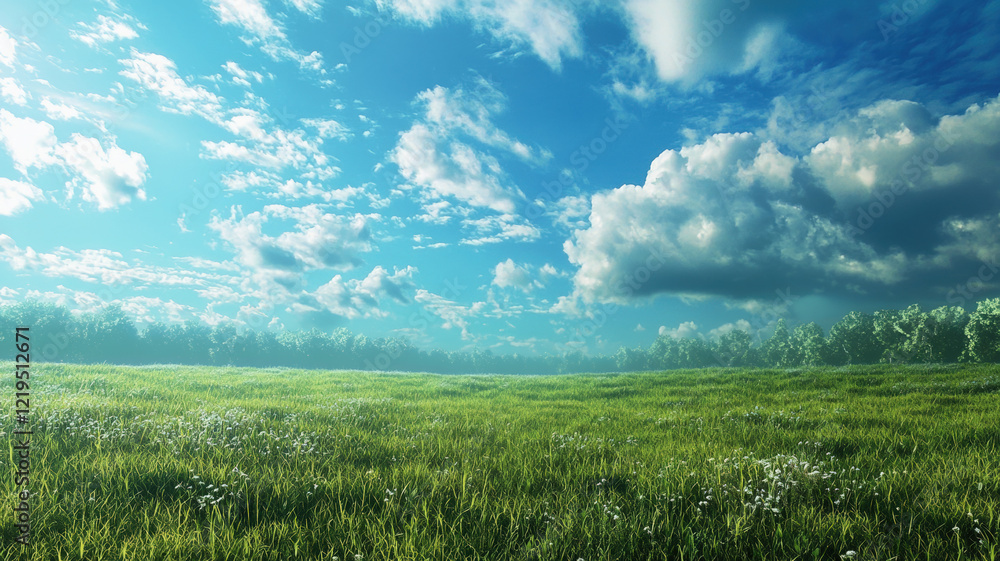 Naklejka premium Peaceful Green Meadow with Blue Sky and White Clouds in a Serene Natural Landscape.