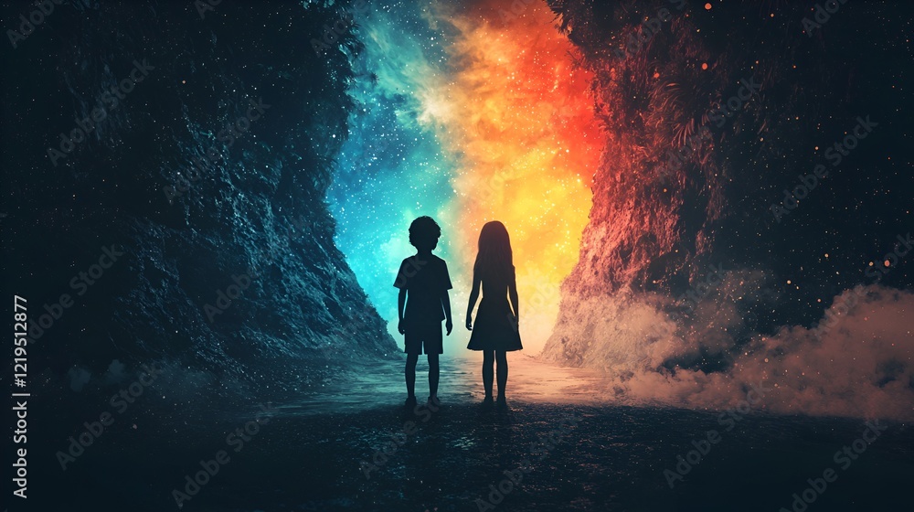 Children cosmic portal fantasy, nebula background, adventure, imagination Children cosmic portal fantasy, nebula background, adventure, imagination