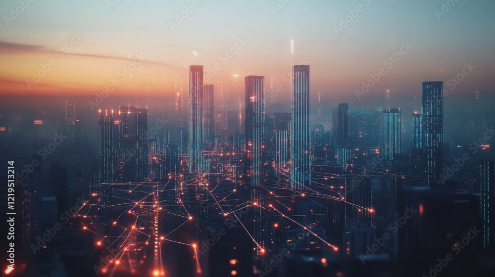 Fototapeta premium Smart digital Innovation city with connection network reciprocity over the twilight cityscape. of future smart wireless digital city and social media networking systems that connects people with city 