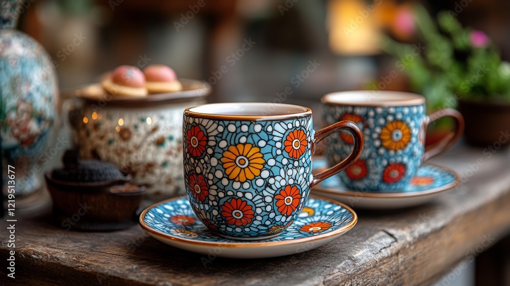 Traditional tea set with intricate patterns on a rustic table Traditional tea set with intricate patterns on a rustic table