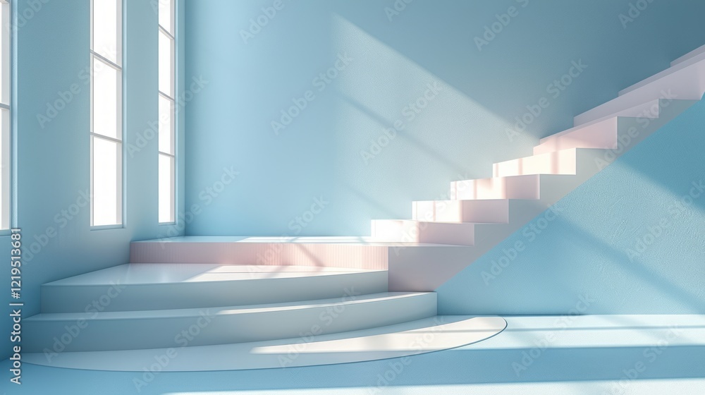 Obraz premium Blue and White Minimalist Interior with Stairs