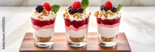 Berry Cheesecake Parfaits - Three layered parfaits with creamy cheesecake, berry compote, and granola topping. photo