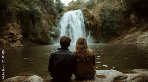 Couple relaxing by a tranquil waterfall in a lush forest during autumn afternoon. Generative AI photo