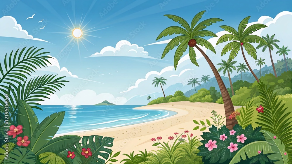Fototapeta premium Sunny Beach Vacation: Cartoon Palm Trees & Plants Seashore Background