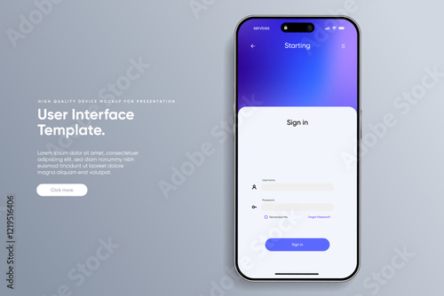 Log in screen. Mobile application interface, registration form with login and password fields. Website UI UX with buttons and network account sign. Vector web page mockup for smartphone.