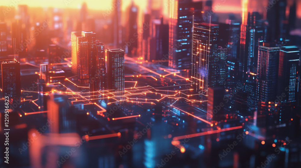 Obraz premium Smart digital Innovation city with connection network reciprocity over the twilight cityscape. of future smart wireless digital city and social media networking systems that connects people with city