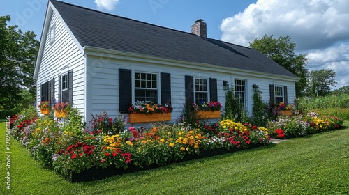 Charming White Cottage with Vibrant Flower Garden