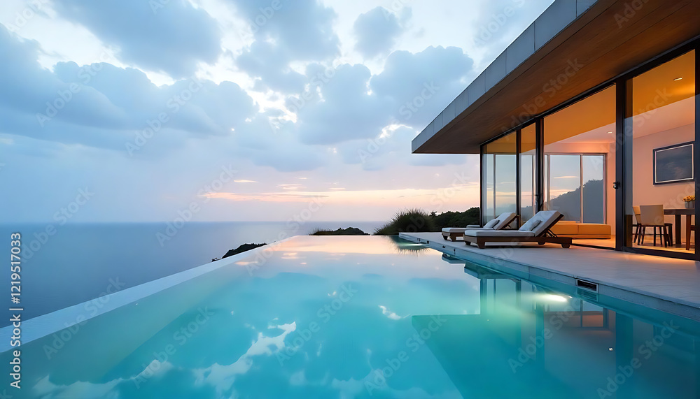 Fototapeta premium Modern Architecture: Glass Facade, Infinity Pool, Lounge Chairs, and Breathtaking Sunset Sky Views