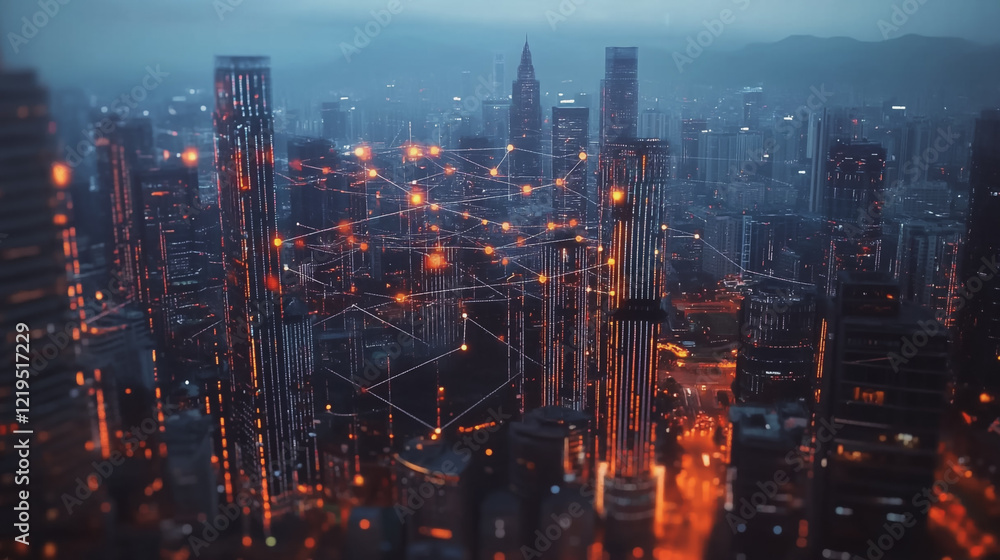 Fototapeta premium Smart digital Innovation city with connection network reciprocity over the twilight cityscape. of future smart wireless digital city and social media networking systems that connects people with city 