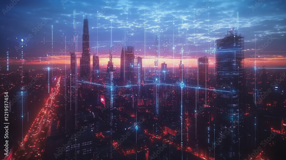 Fototapeta premium Smart digital Innovation city with connection network reciprocity over the twilight cityscape. of future smart wireless digital city and social media networking systems that connects people with city 