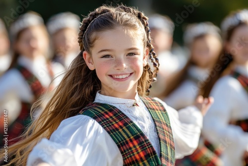 National Tartan Day: joyful people, classic Scottish attire, kilt tradition, vibrant celebration, cultural heritage, festive outfits, tartan patterns, historical significance, Scottish pride. photo